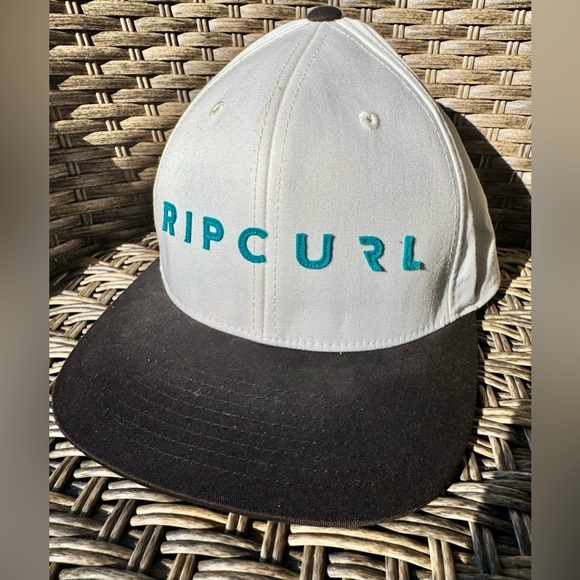 Rip Curl Flexfit White Trucker Hat Black Brim Adjustable SnapBack Aqua Lettering - Picture 1 of 12